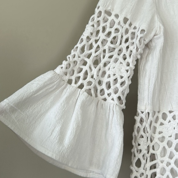 Tyler Boe Izzy Eyelet Topper Crochet Dress w Bell Sleeves Notch Neck White - Picture 3 of 15